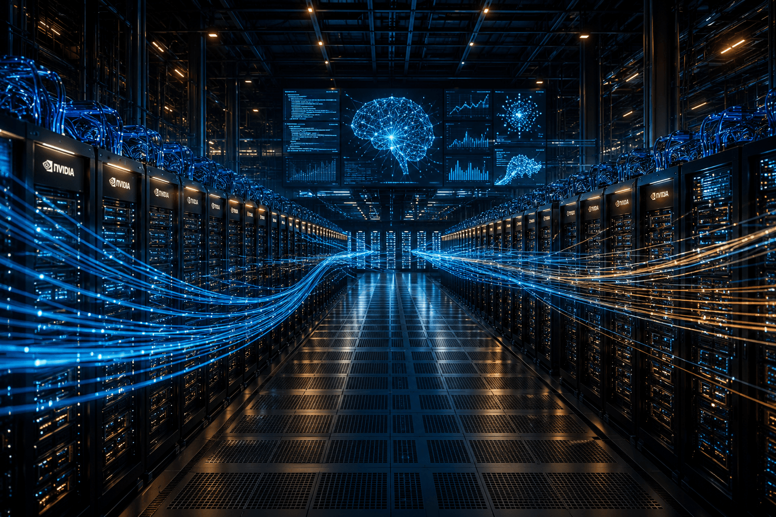 Rows of NVIDIA GPU servers in a data hall, with AI analytics displayed on overhead screens